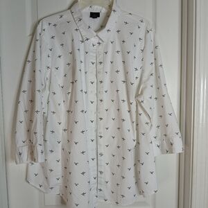 Vintage Worthington White Casual Button Down Shirt with Hummingbird Print 3X